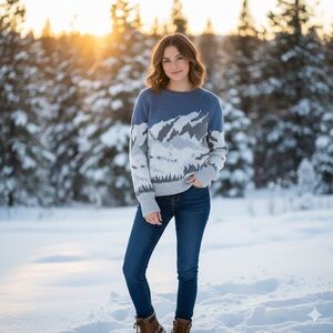 Antropologie Willow & Wind Mountain Landscape Knit Sweater Size XS Blue & Grey